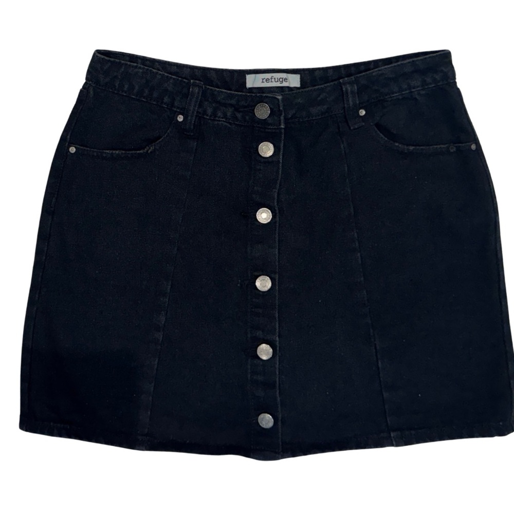 Refuge Black Denim Button Down Mini Skirt | Distressed (M)